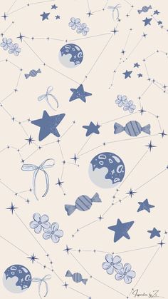 an image of stars and fish on a white background with blue ink drawing style elements