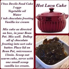 the recipe for hot lava cake is shown in red and black, with instructions to make it