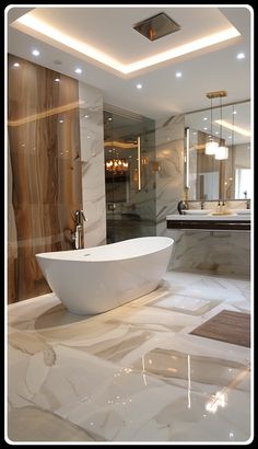 a bathroom with marble flooring and white bathtub in the center, along with two sinks