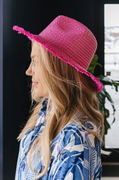 Product Description This hat will give you the ultimate in beach vibes! Woven with a wide brim and a little fringe on the ends, you will be ready for a stroll on the water's edge or a day in the park. Sizing & Fit Natural color weave One size fits most Interior circumference approx 23" Adjustable drawstring on hat interior to tighten Materials & Care 100% Paper Beachwear Hats With Upf 50+ For Warm Weather, Adjustable Fringe Hat For Spring, Casual Pink Sun Hat For Vacation, Adjustable Sun Hat With Fringe And Curved Brim, Lightweight Beachy Hat For Day Out, Beachy Hats For Vacation Warm Weather, Beachwear Hats For Warm Weather Vacation, Beachy Hats For Vacation And Warm Weather, Beachy Hats For Warm Weather And Vacation