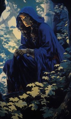 a painting of a woman sitting in the woods