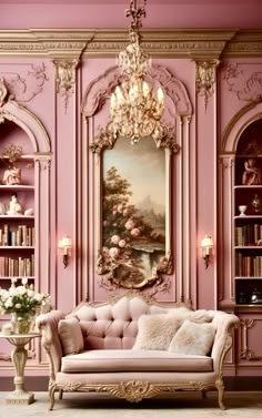 a living room with pink walls and gold trimmings on the wall, an ornate couch