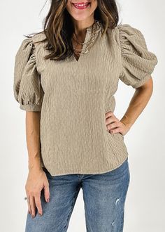 The Lilah Puff Sleeve Top is the perfect addition to your fall wardrobe! This blouse is a gorgeous neutral top featuring puff sleeves, classy textured fabric, and a ruffle v-neckline. Pair it with your new favorite denim here! Neutral Tops, Puff Sleeve Top, Fall Wardrobe, Puff Sleeve, Sweaters & Cardigans, Clothes For Sale, Shirts Tops, Denim Jacket, Sweater Dress