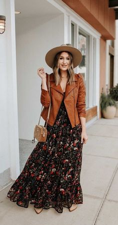 Floral Dress Jacket Outfit, Long Dress Winery Outfit, Floral Maxi Dress With Leather Jacket, Boho Dress With Jacket, Hats With Dresses Outfits, Maxi Dress Jacket Outfit, Dress With Leather Jacket Outfit, Dresses With Leather Jackets, Dress And Leather Jacket Outfit