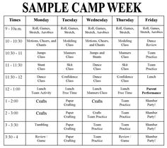 the sample camp week schedule for each class