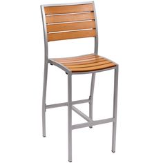 an aluminum and wood chair with slatted backrests on a white background