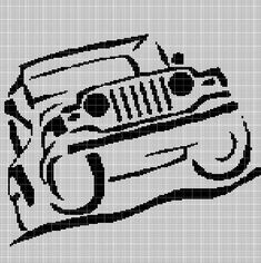 a cross stitch pattern with a jeep on it's front end and the hood up