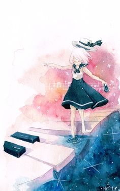 a drawing of a girl standing on steps with her arms outstretched and hat in the air