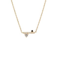 A straight line of white diamond pave with grey and black diamond accent stones on either side set in a yellow gold necklace chain., Yellow Gold Earth And Sky, Pendant Necklace Simple, Necklace Simple, Grey Diamond, All That Glitters, Pave Diamonds, Black Diamond, White Diamond, Diamonds