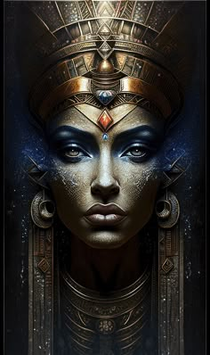 an egyptian woman's face with blue eyes and gold jewelry on her head, in front of a black background