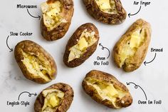 four baked potatoes with different types of butter and cheese on them, labeled in english