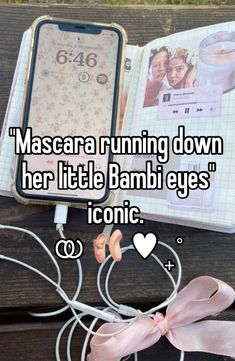 an open book with headphones on top of it and the words mascarra running down her little banbi eyes iconic