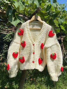 "Big Strawberry Cardigan,Women Cardigan,Knit Cardigan,Knit Products,Chunky Cardigan,Chunky Sweater,Knit Jacket,Ballon Sleeve Cardigan IMPORTANT *Please don't forget to write your phone number for the shipping\" Cropped ones are 5-6 cm shorter than the other cardigans. Cropped size's length is 45cm. Standard length is 50cm. Please msg your desired height and sleeve size after choosing the size. Our knit jacket has been carefully designed to accompany you on cool summer and spring evenings & in au Trendy Handmade Knit Sweater, Cute V-neck Knitted Cardigan, Trendy Crochet Knit Cardigan, Casual Knitted Acrylic Cardigan, Trendy Handmade Knit Cardigan, Casual Acrylic Knitted Cardigan, Cute Long Sleeve Knitted Cardigan, Handmade Casual Cardigan With Long Sleeves, Casual Handmade Long-sleeved Cardigan