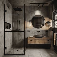 a bathroom with a sink, mirror, and shower stall in it's corner