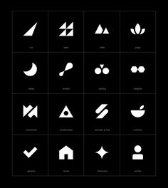 the black and white icons are all in different shapes, sizes, and colors for each type of design