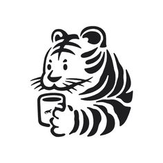 a black and white tiger holding a coffee cup