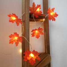 some lights are hanging from a ladder with maple leaves on the top and below them