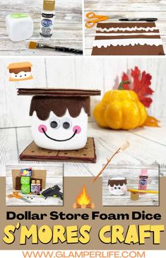 dollar store foam dice s'mores craft with pumpkins and other fall decorations