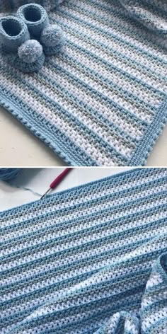 crocheted baby blanket and booties are shown in two different pictures, one is blue and the other is white