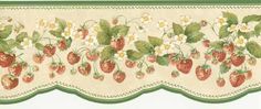 a curtain with strawberries and daisies on the side, along with white flowers