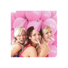 three beautiful young women standing next to each other in front of pink balloons with straws sticking out of their mouths