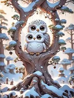 an owl is sitting on top of a tree in the middle of snow covered ground