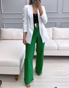 Fushia And Green Outfit, Corporate Attire Women Colorful, Women’s Business Outfits Summer, Spring Chic Outfits Classy, Green Office Outfits Women, Green Blazer Outfits For Women Work, Women's Blazer Outfit, Color Block Dress For Work, Green Pants Outfit Work