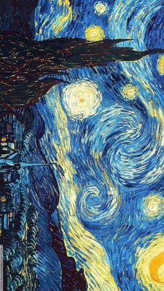 the starry night painting is shown in blue and yellow