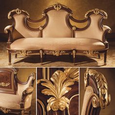 an ornately decorated couch with gold trimmings