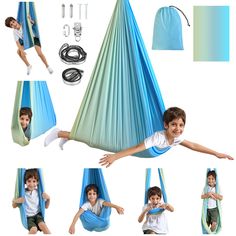 a young boy laying in a blue hammock with instructions to make it look like he is having fun