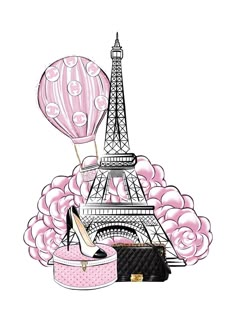 the eiffel tower is surrounded by pink flowers and shoes, including a purse