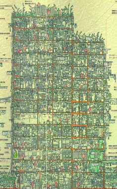 an old city map with lots of buildings and streets in red, green, and yellow