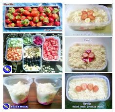 several pictures showing different types of food in plastic containers, including rice and strawberries