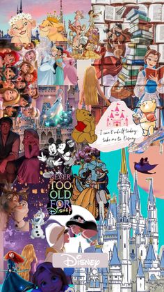 collage of disney characters and their castle