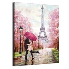 a painting of a couple kissing under an umbrella in front of the eiffel tower