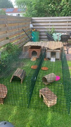 a large green caged in area with several different types of pet cages on the grass