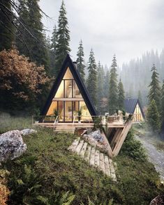 a small cabin in the middle of a forest with stairs leading up to it's roof