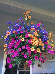 a bunch of flowers that are hanging from a pole in front of a house,