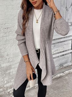 Plain Long Sleeve Casual Cardigan Grey Casual  Long Sleeve Knitwear Plain  High Stretch  Women Clothing, size features are:Bust: ,Length: ,Sleeve Length: Drop Shoulder Cardigan, Retro Styles, Cardigan Casual, Casual Cardigans, Cosplay Dress, Fall Fashion Outfits, Sleeve Cardigan, Kids Beachwear, Long Sleeve Cardigan