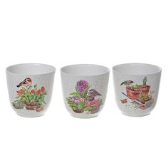 three cups with plants and birds painted on them