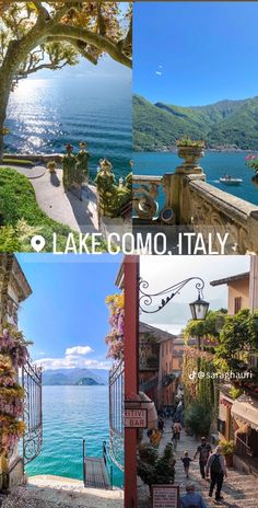 there are four pictures with the words lake comoo italy