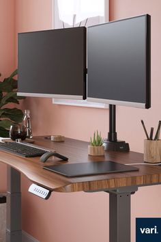 two computer monitors sitting on top of a wooden desk next to a potted plant