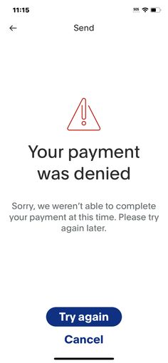 an iphone screen with the text, your payment was defined sorry we weren able to complete your payment at this time please try again again again again