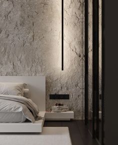 🛏side goals Concrete Bedroom, Scandinavian Home Interiors, Bedroom Ideas For Small Rooms Cozy, Hotel Room Design, Accent Wall Bedroom, Stone Walls, Interior Wall Design, Dark Interiors, Bedroom Goals