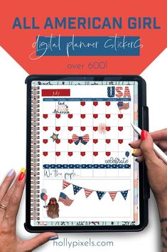 the american girl planner sticker is shown on an ipad with text overlay that reads, all american girl