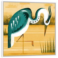 a painting of two birds standing next to each other on a lake with grass and reeds