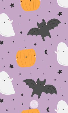 halloween wallpaper with bats, ghost and pumpkins on purple background for children's room