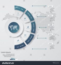 modern info graphics design with world map in the center and blue circles on white background