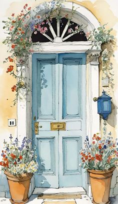 a painting of a blue door with potted plants