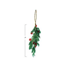 an ornament with holly and berries hanging from it's cord on a white background